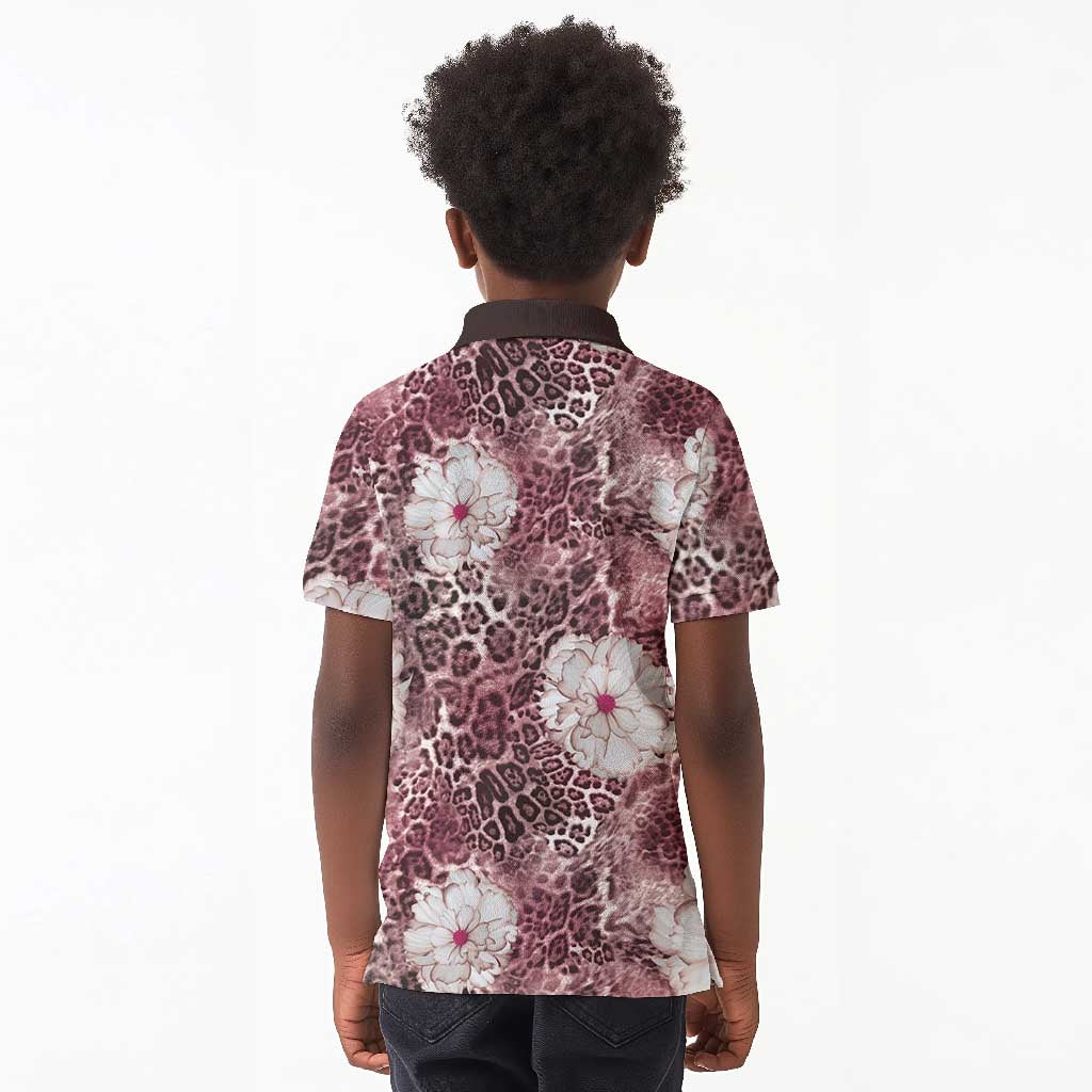 African Leopard Floral Pattern Kid Polo Shirt Sunset Mauve