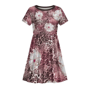 African Leopard Floral Pattern Kid Short Sleeve Dress Sunset Mauve