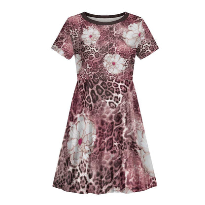 African Leopard Floral Pattern Kid Short Sleeve Dress Sunset Mauve