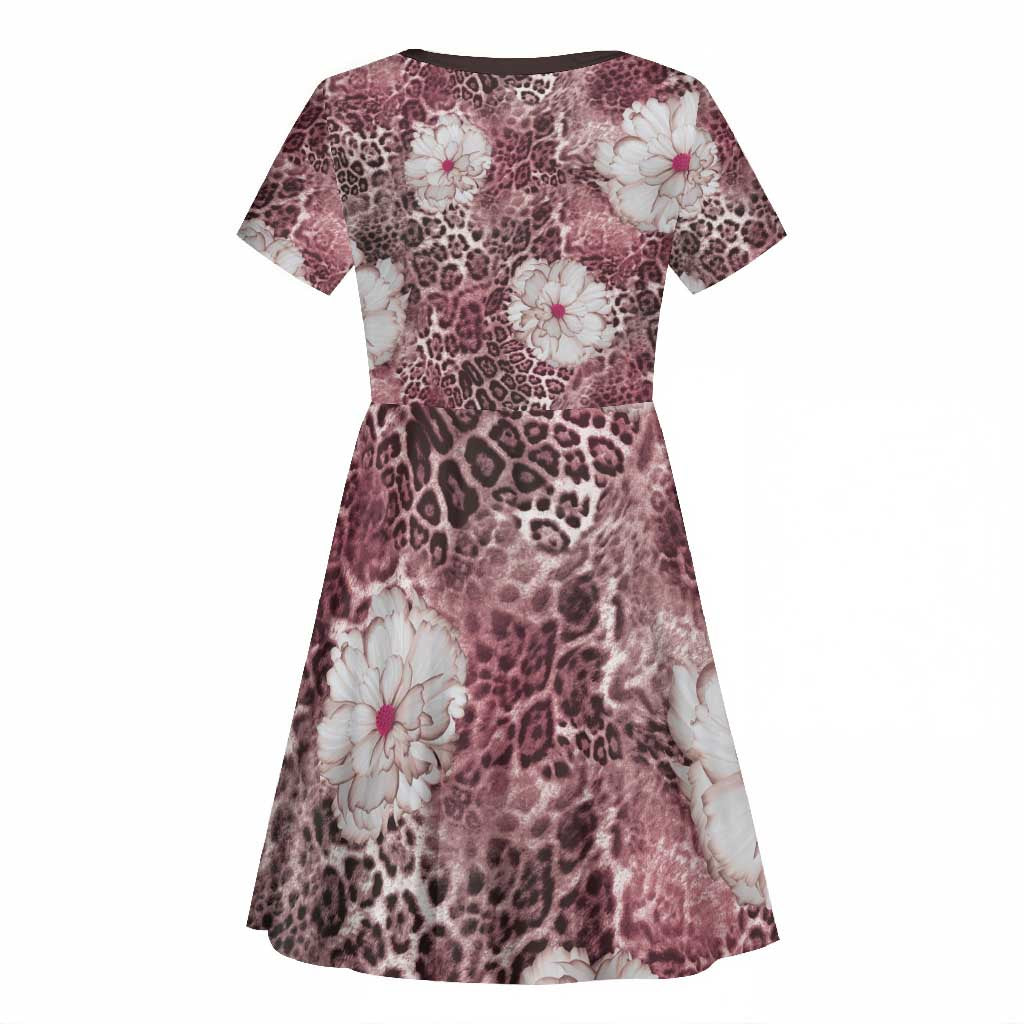 African Leopard Floral Pattern Kid Short Sleeve Dress Sunset Mauve