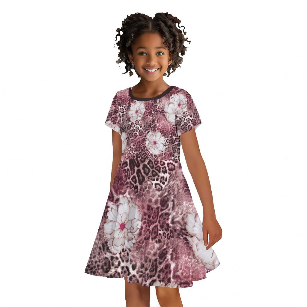 African Leopard Floral Pattern Kid Short Sleeve Dress Sunset Mauve