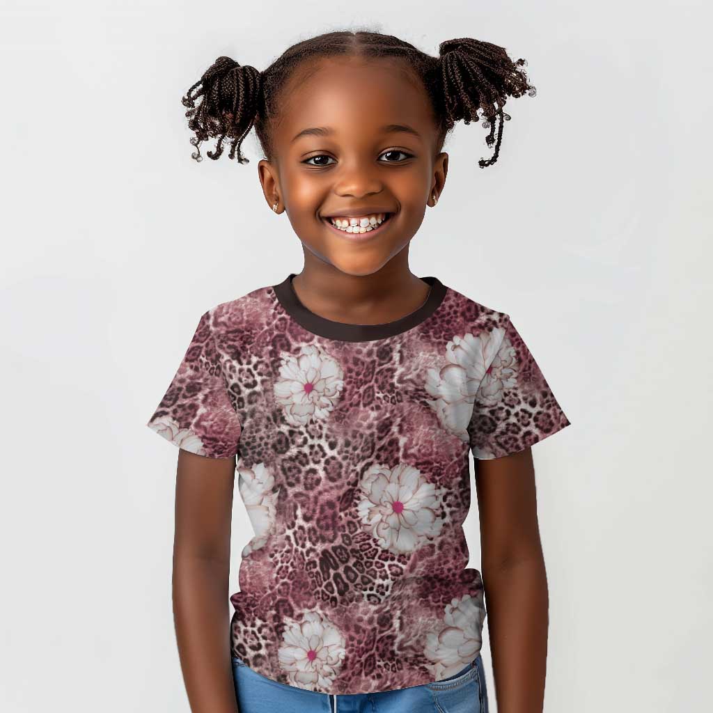 African Leopard Floral Pattern Kid T shirt Sunset Mauve