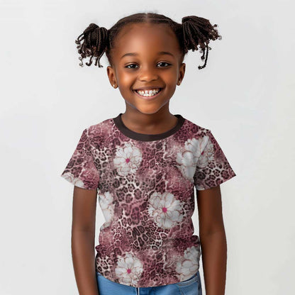 African Leopard Floral Pattern Kid T shirt Sunset Mauve
