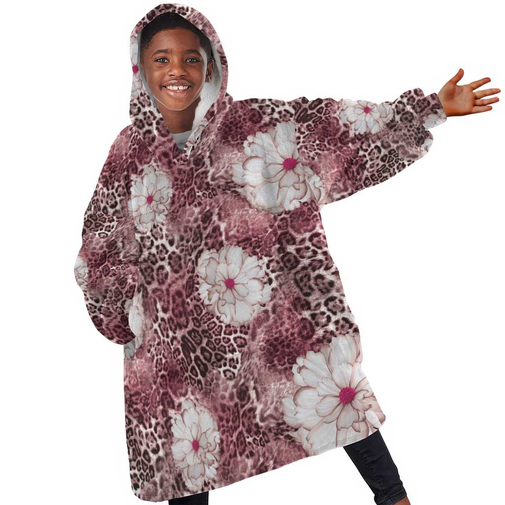 African Leopard Floral Pattern Kid Wearable Blanket Hoodie Sunset Mauve