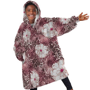 African Leopard Floral Pattern Kid Wearable Blanket Hoodie Sunset Mauve
