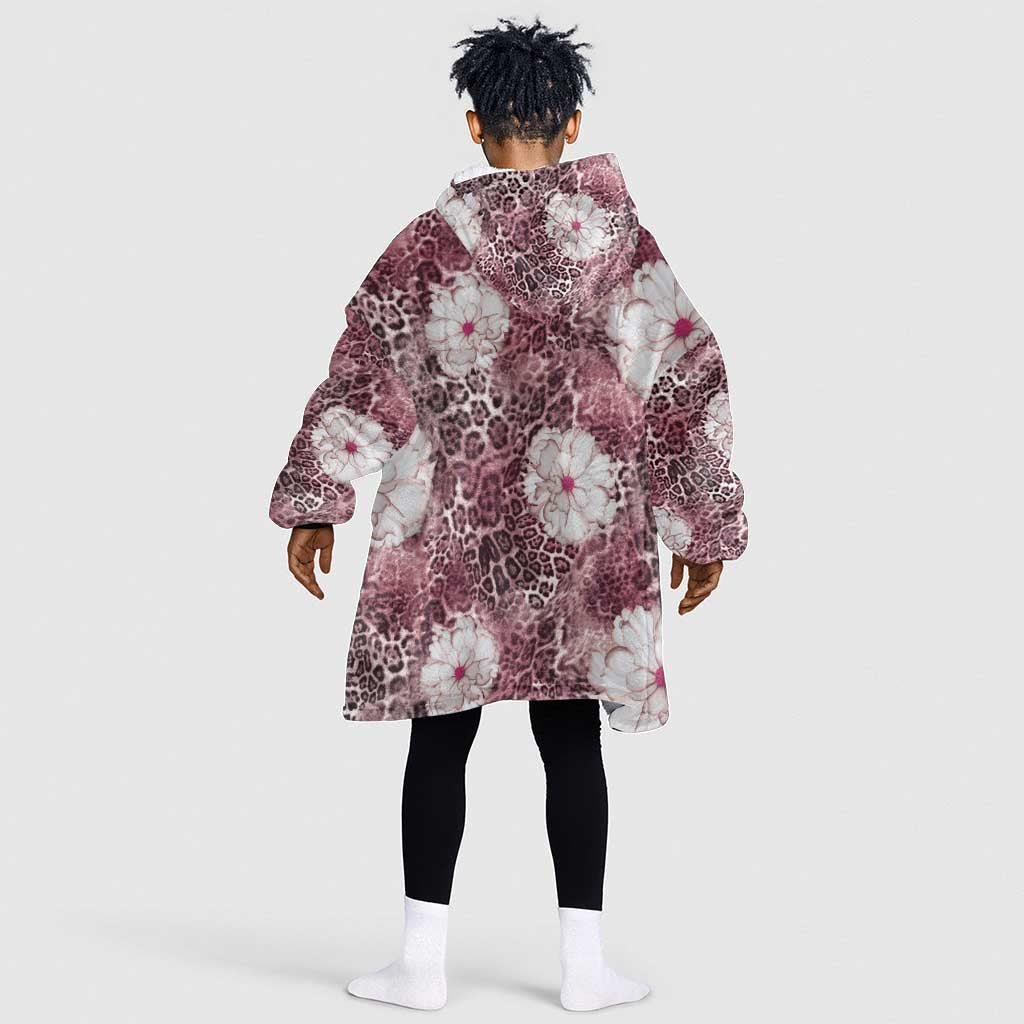 African Leopard Floral Pattern Kid Wearable Blanket Hoodie Sunset Mauve