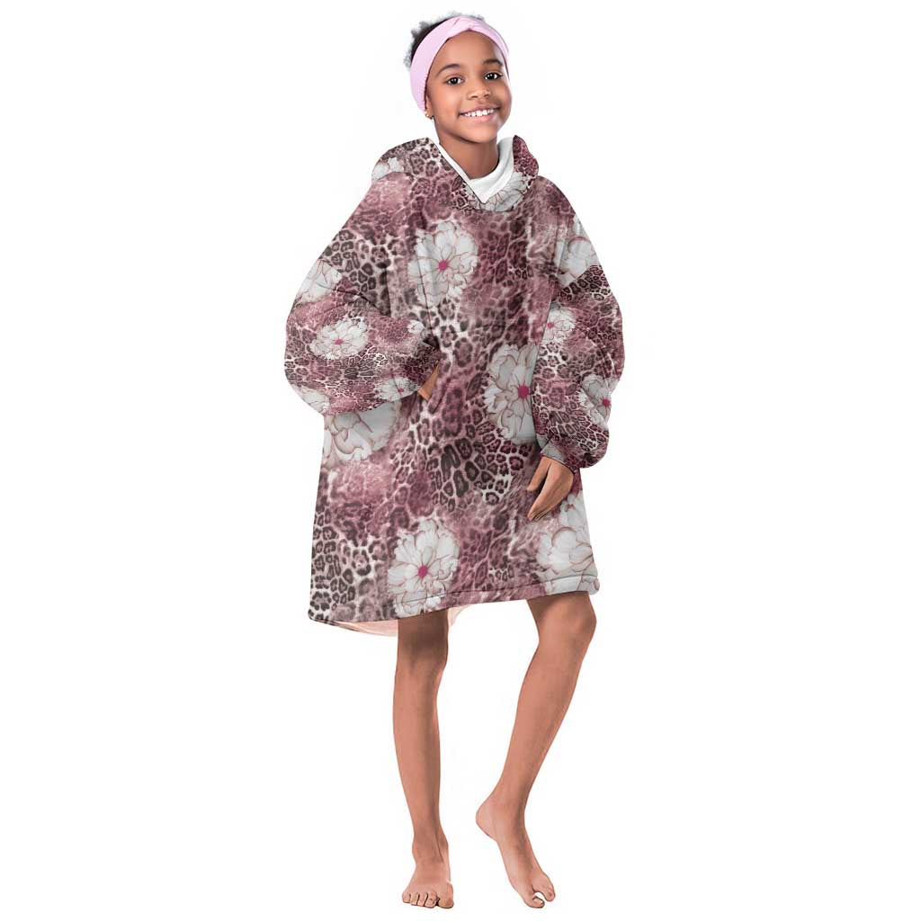 African Leopard Floral Pattern Kid Wearable Blanket Hoodie Sunset Mauve