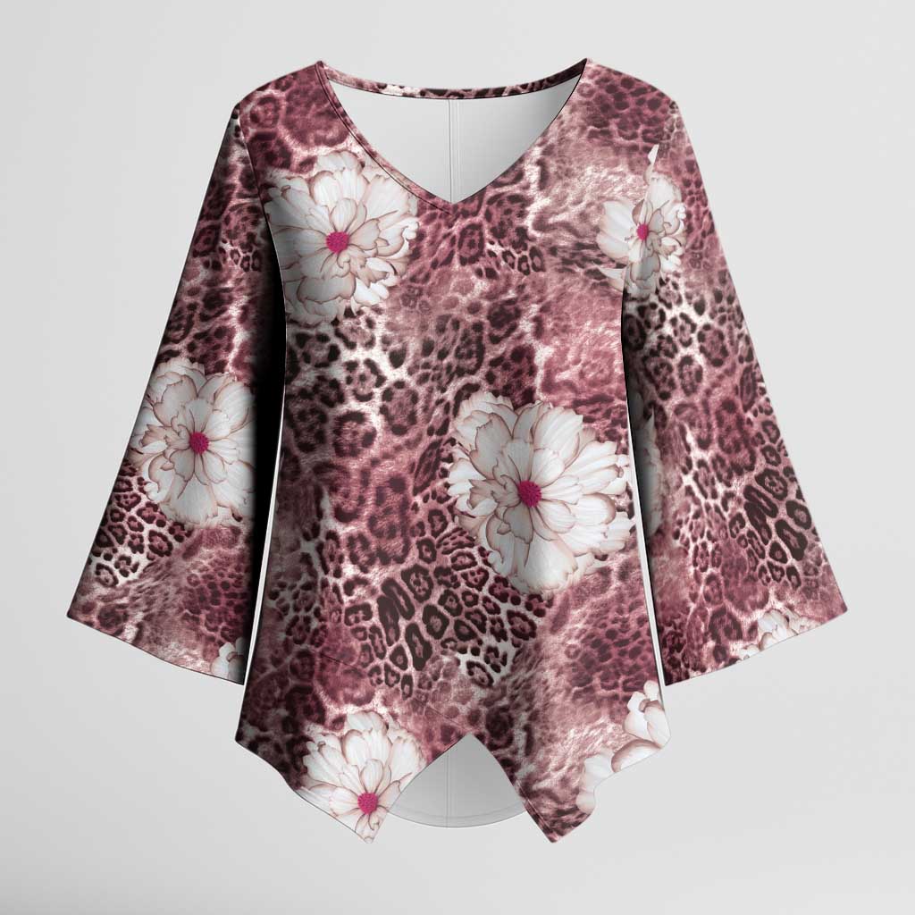 African Leopard Floral Pattern Kimono Sleeve Blouse Sunset Mauve