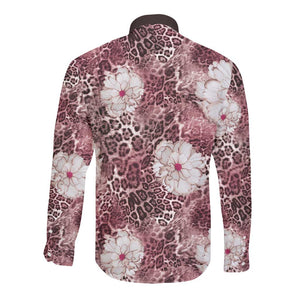 African Leopard Floral Pattern Long Sleeve Button Shirt Sunset Mauve