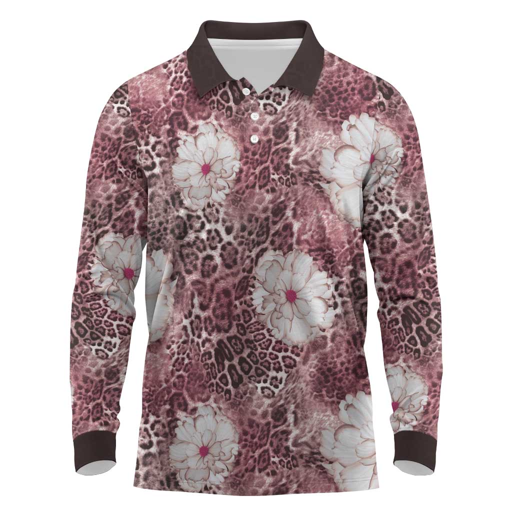 African Leopard Floral Pattern Long Sleeve Polo Shirt Sunset Mauve