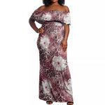 African Leopard Floral Pattern Off Shoulder Maxi Dress Sunset Mauve