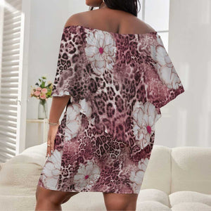 African Leopard Floral Pattern Off Shoulder Short Dress Sunset Mauve