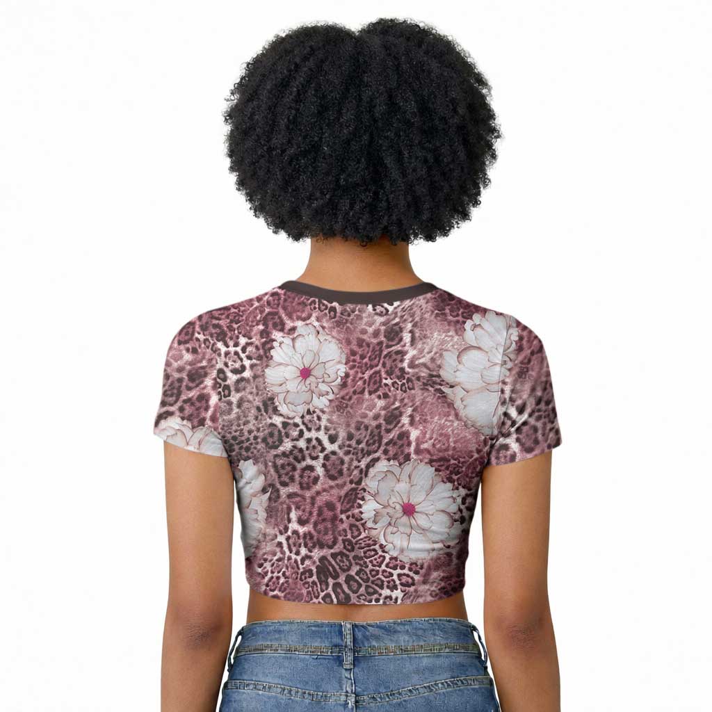 African Leopard Floral Pattern Raglan Cropped T shirt Sunset Mauve