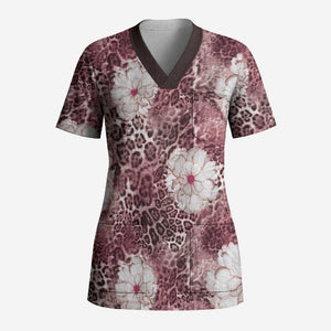 African Leopard Floral Pattern Scrub Top Sunset Mauve