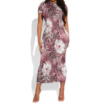 African Leopard Floral Pattern Short Sleeve Bodycon Dress Sunset Mauve