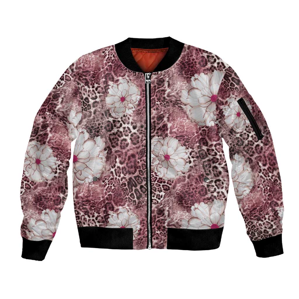 African Leopard Floral Pattern Sleeve Zip Bomber Jacket Sunset Mauve