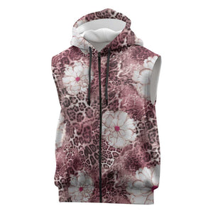 African Leopard Floral Pattern Sleeveless Zip Hoodie Sunset Mauve