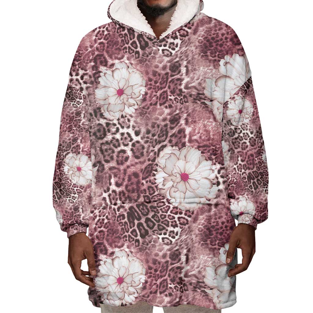 African Leopard Floral Pattern Wearable Blanket Hoodie Sunset Mauve