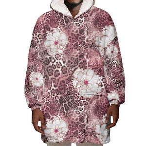 African Leopard Floral Pattern Wearable Blanket Hoodie Sunset Mauve