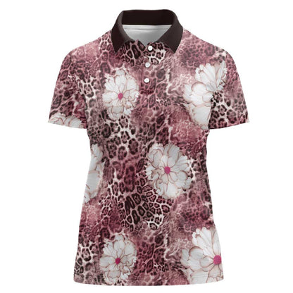 African Leopard Floral Pattern Women Polo Shirt Sunset Mauve