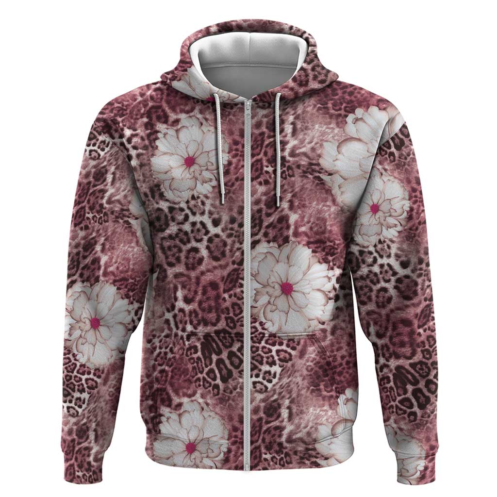 African Leopard Floral Pattern Zip Hoodie Sunset Mauve