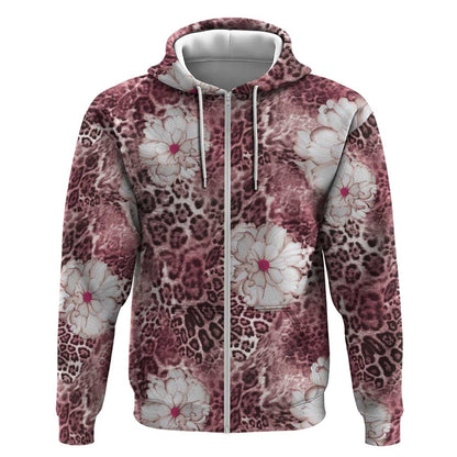 African Leopard Floral Pattern Zip Hoodie Sunset Mauve