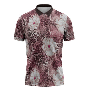 African Leopard Floral Pattern Zipper Polo Shirt Sunset Mauve