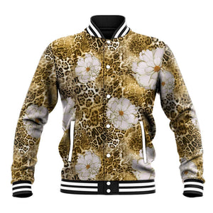 African Leopard Floral Pattern Baseball Jacket Savannah Gold