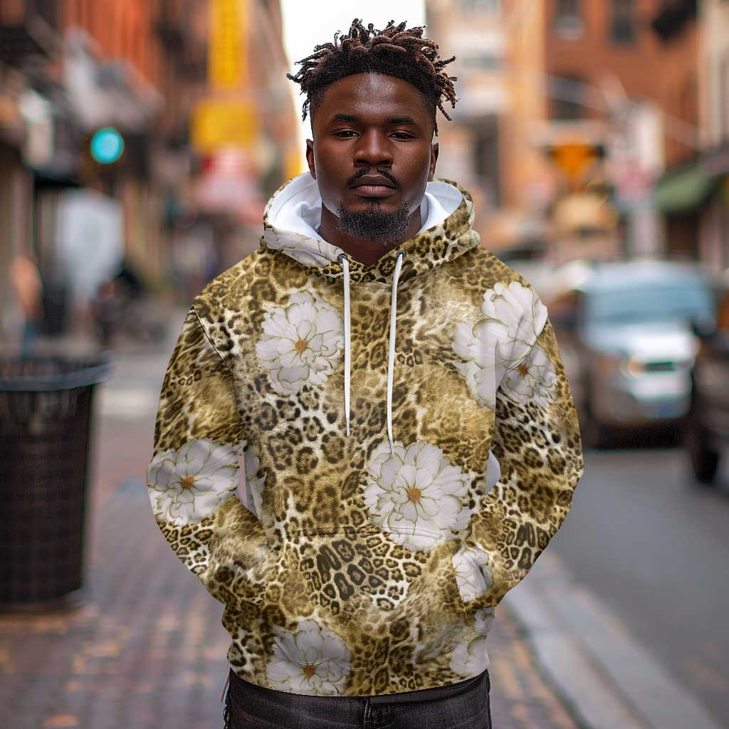 African Leopard Floral Pattern Hoodie Savannah Gold