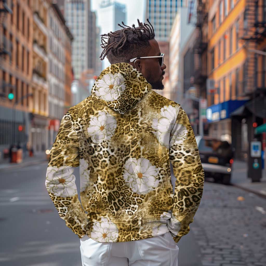 African Leopard Floral Pattern Hoodie Savannah Gold