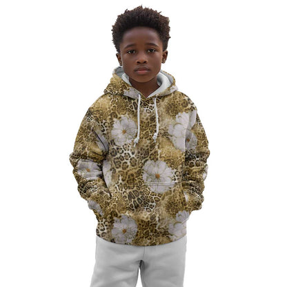 African Leopard Floral Pattern Kid Hoodie Savannah Gold