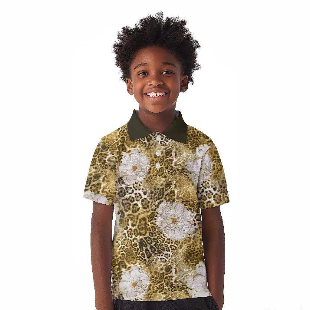 African Leopard Floral Pattern Kid Polo Shirt Savannah Gold