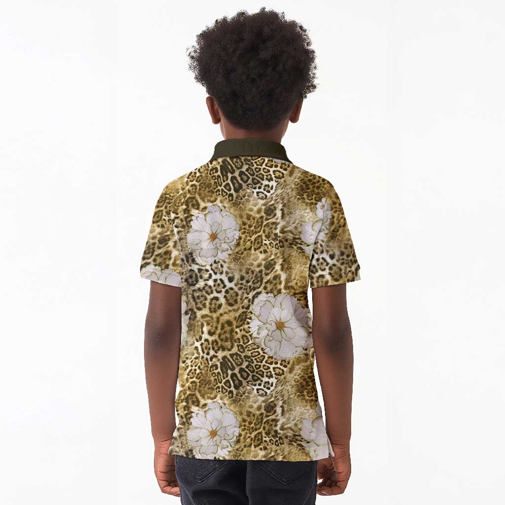 African Leopard Floral Pattern Kid Polo Shirt Savannah Gold