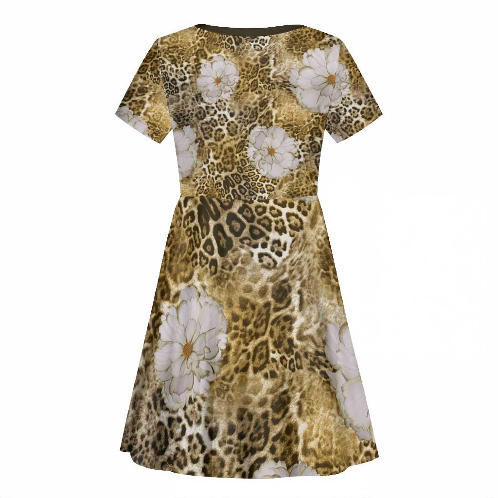 African Leopard Floral Pattern Kid Short Sleeve Dress Savannah Gold