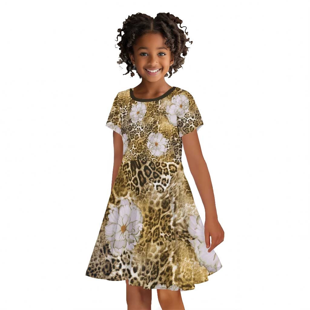 African Leopard Floral Pattern Kid Short Sleeve Dress Savannah Gold