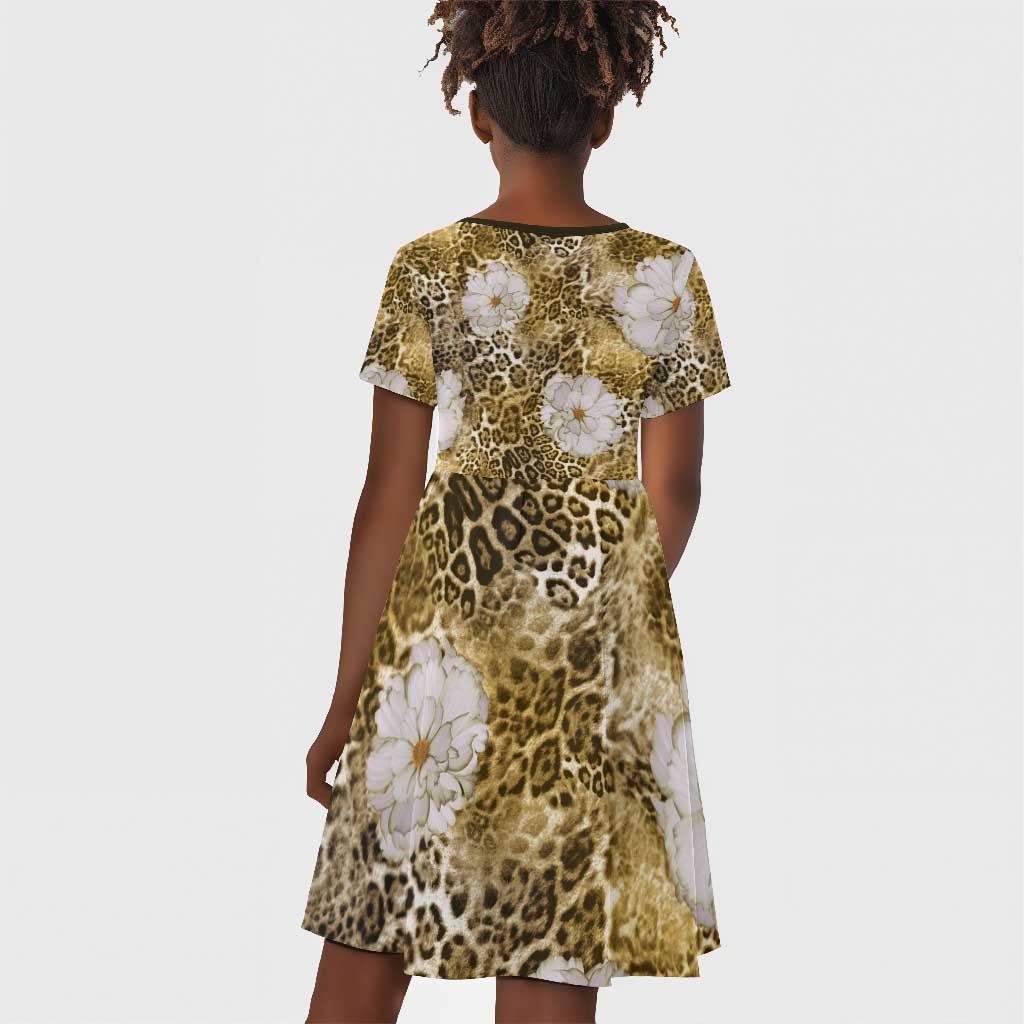 African Leopard Floral Pattern Kid Short Sleeve Dress Savannah Gold