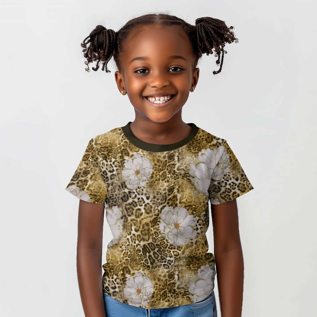 African Leopard Floral Pattern Kid T shirt Savannah Gold