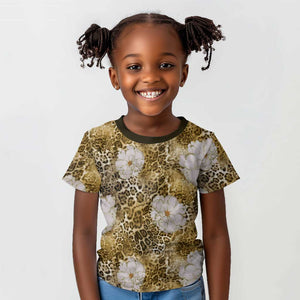 African Leopard Floral Pattern Kid T shirt Savannah Gold