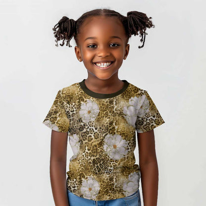 African Leopard Floral Pattern Kid T shirt Savannah Gold