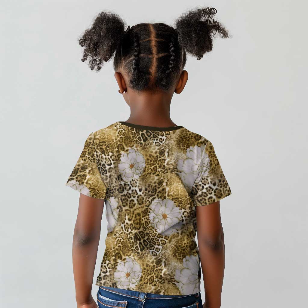 African Leopard Floral Pattern Kid T shirt Savannah Gold