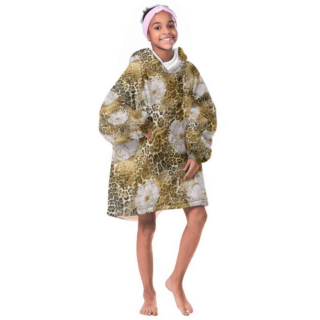 African Leopard Floral Pattern Kid Wearable Blanket Hoodie Savannah Gold