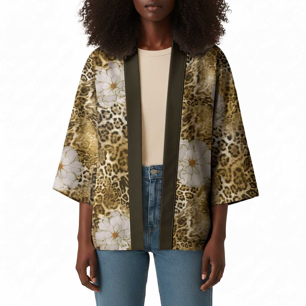 African Leopard Floral Pattern Kimono Savannah Gold