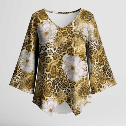 African Leopard Floral Pattern Kimono Sleeve Blouse Savannah Gold
