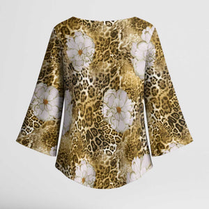 African Leopard Floral Pattern Kimono Sleeve Blouse Savannah Gold
