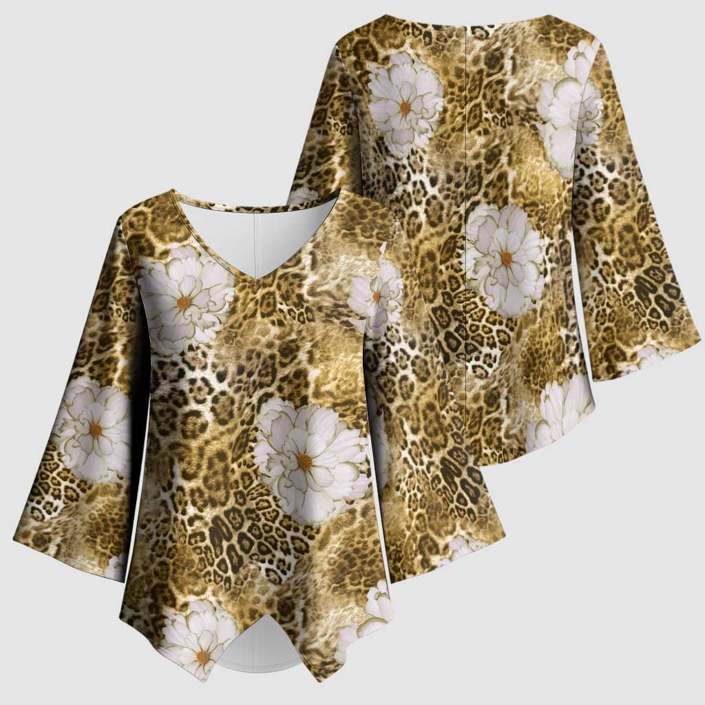 African Leopard Floral Pattern Kimono Sleeve Blouse Savannah Gold
