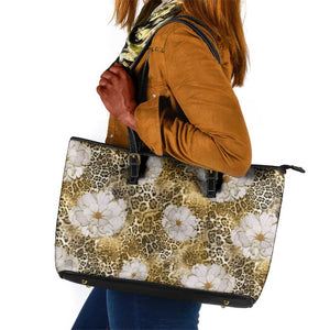 African Leopard Floral Pattern Leather Tote Bag Savannah Gold