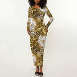African Leopard Floral Pattern Long Sleeve Bodycon Dress Savannah Gold