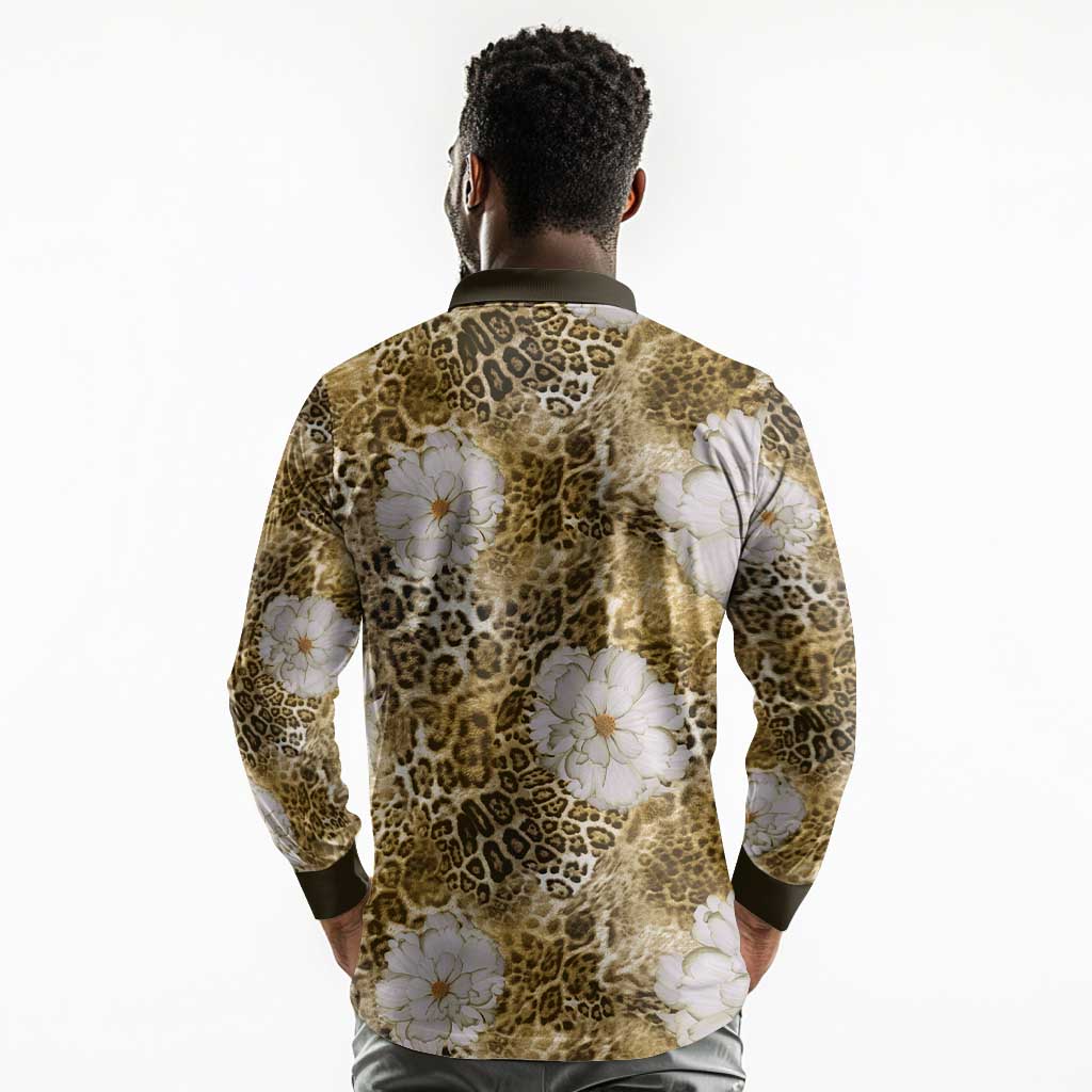 African Leopard Floral Pattern Long Sleeve Polo Shirt Savannah Gold