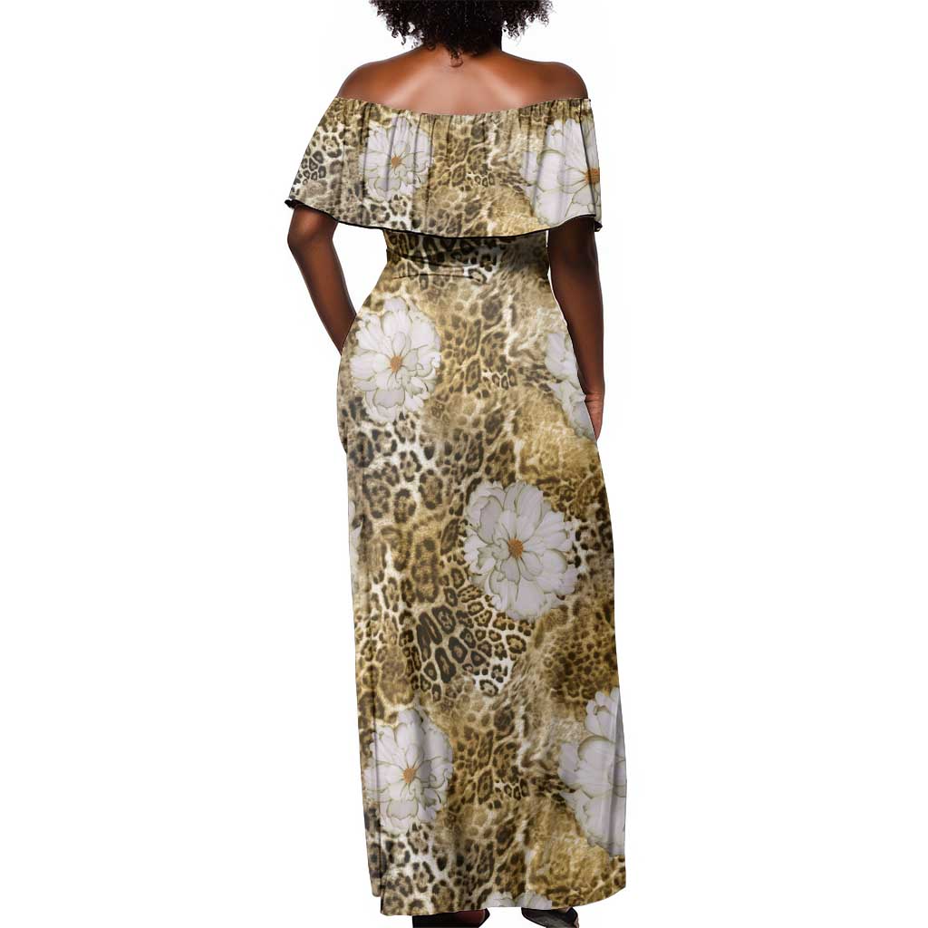 African Leopard Floral Pattern Off Shoulder Maxi Dress Savannah Gold