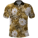 African Leopard Floral Pattern Polo Shirt Savannah Gold